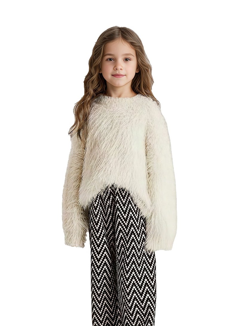 ويني بي بنطلون بناتي من قماش مخملي مستقيم الساق بطبعة موجة مثلثة باللونين الأبيض والأسود - Image 2