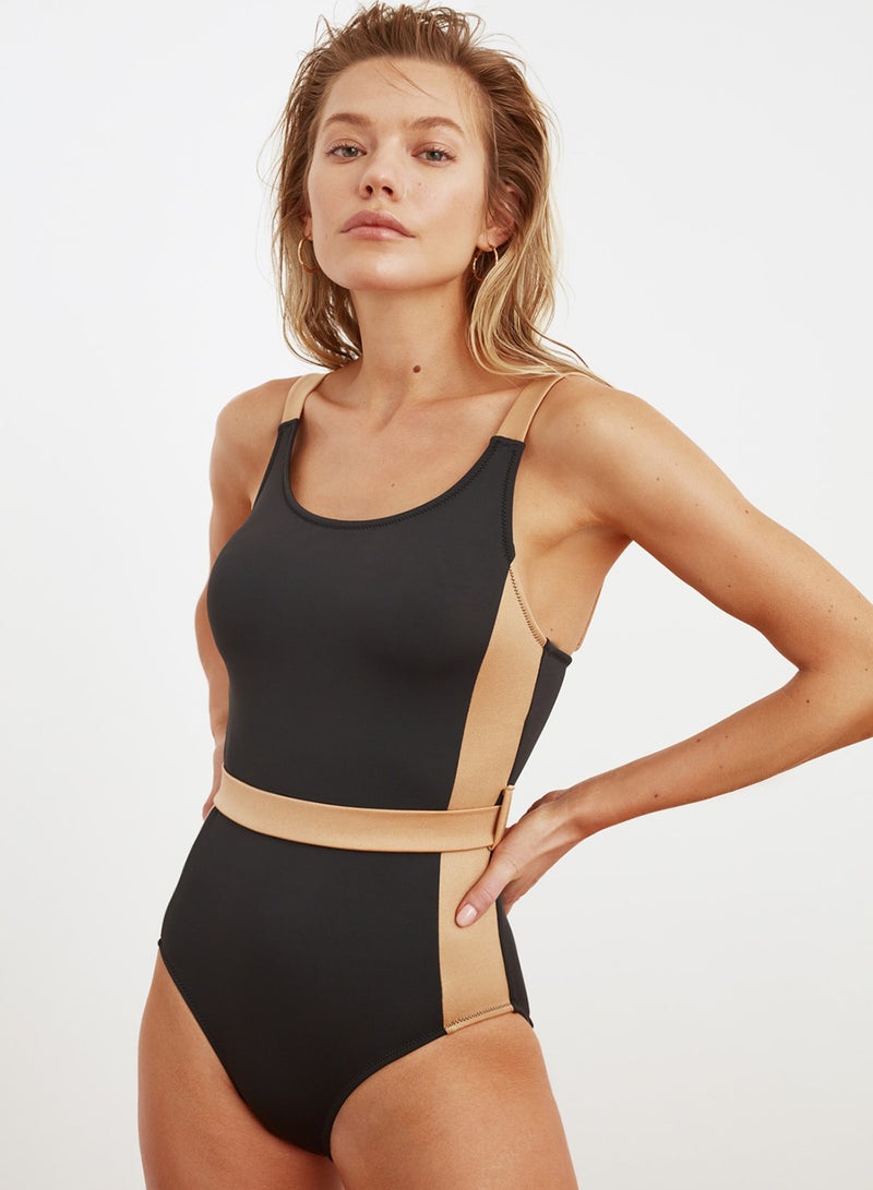 trendyol Black Color Block U-Neck Covered Hipster Swimsuit Tbess21Ma0221 - Image 1