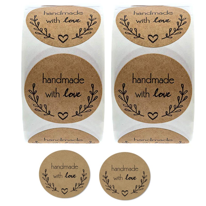 CHIMNE 1000PCS Handmade with Love Stickers,1 Inch Small Round Brown Floral Heart Baking Stickers Label Bakery Sticker for Baked Goods Packaging, Envelope Seals, Small Business,Wedding,Birthday Gift Wrap Bag1 - Image 1