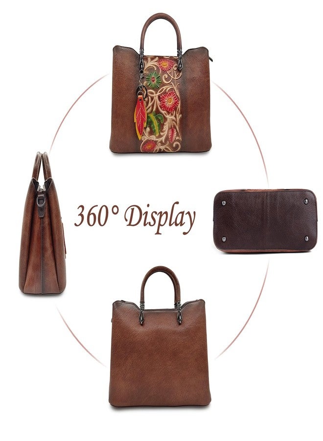 SHARPAD Genuine Leather Vintage Bag for Women: Cowhide Leather Crossbody Purse - Flower Embossed Handbag, Coffee, Medium - Image 3