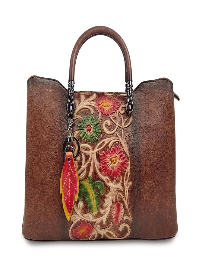 SHARPAD Genuine Leather Vintage Bag for Women: Cowhide Leather Crossbody Purse - Flower Embossed Handbag, Coffee, Medium - Image 1