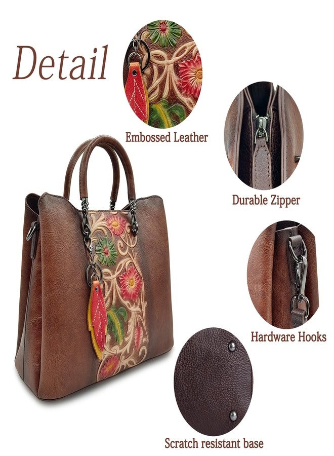 SHARPAD Genuine Leather Vintage Bag for Women: Cowhide Leather Crossbody Purse - Flower Embossed Handbag, Coffee, Medium - Image 4