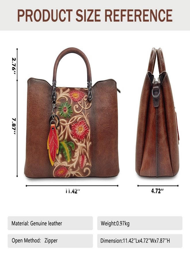 SHARPAD Genuine Leather Vintage Bag for Women: Cowhide Leather Crossbody Purse - Flower Embossed Handbag, Coffee, Medium - Image 2