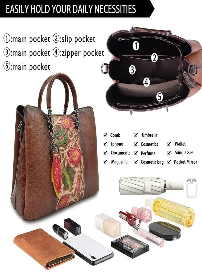 SHARPAD Genuine Leather Vintage Bag for Women: Cowhide Leather Crossbody Purse - Flower Embossed Handbag, Coffee, Medium - Image 5