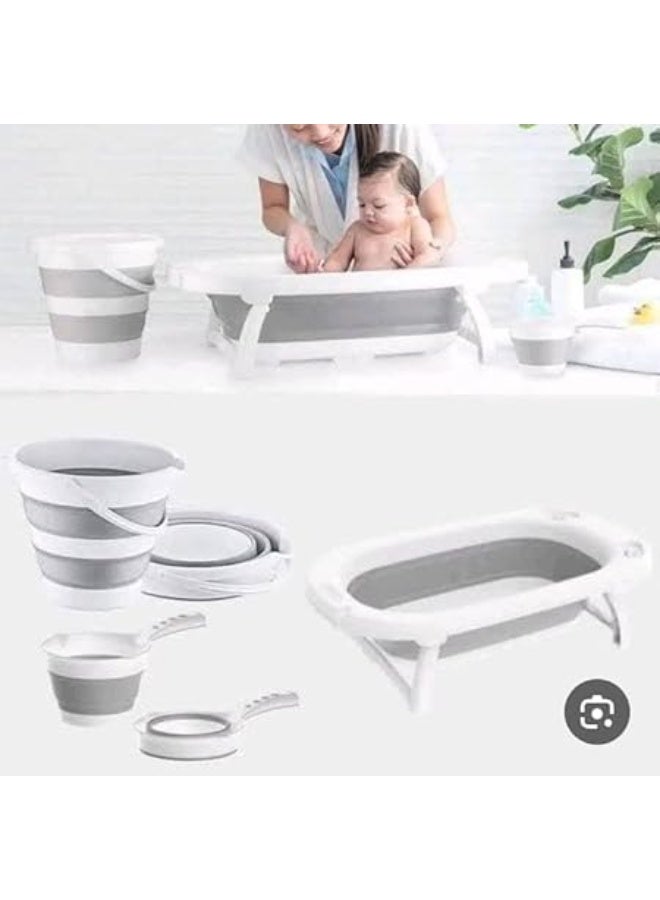 Generic Foldable Silicone Baby 4-in-1 Foldable Baby Bath Set with Temperature Display, Bathtub, Bath Pillow, Shower Cup and Bucket, White and Grey - Image 2