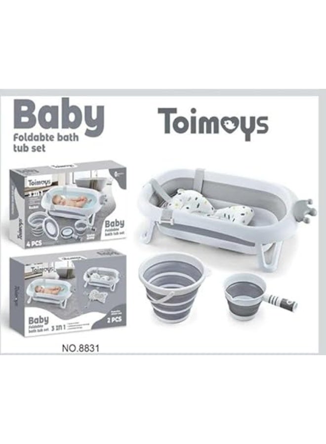 Generic Foldable Silicone Baby 4-in-1 Foldable Baby Bath Set with Temperature Display, Bathtub, Bath Pillow, Shower Cup and Bucket, White and Grey - Image 3