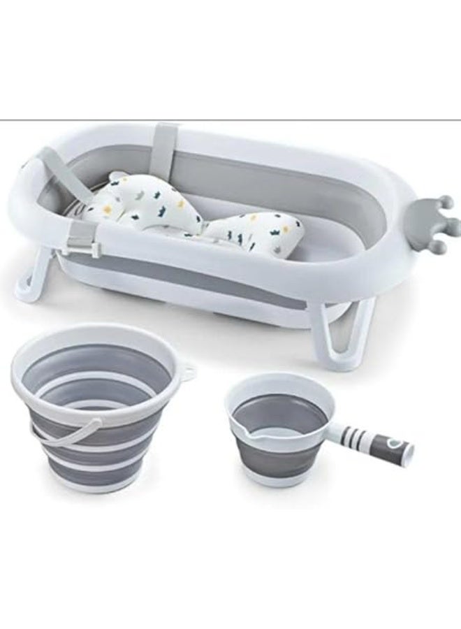 Generic Foldable Silicone Baby 4-in-1 Foldable Baby Bath Set with Temperature Display, Bathtub, Bath Pillow, Shower Cup and Bucket, White and Grey - Image 1