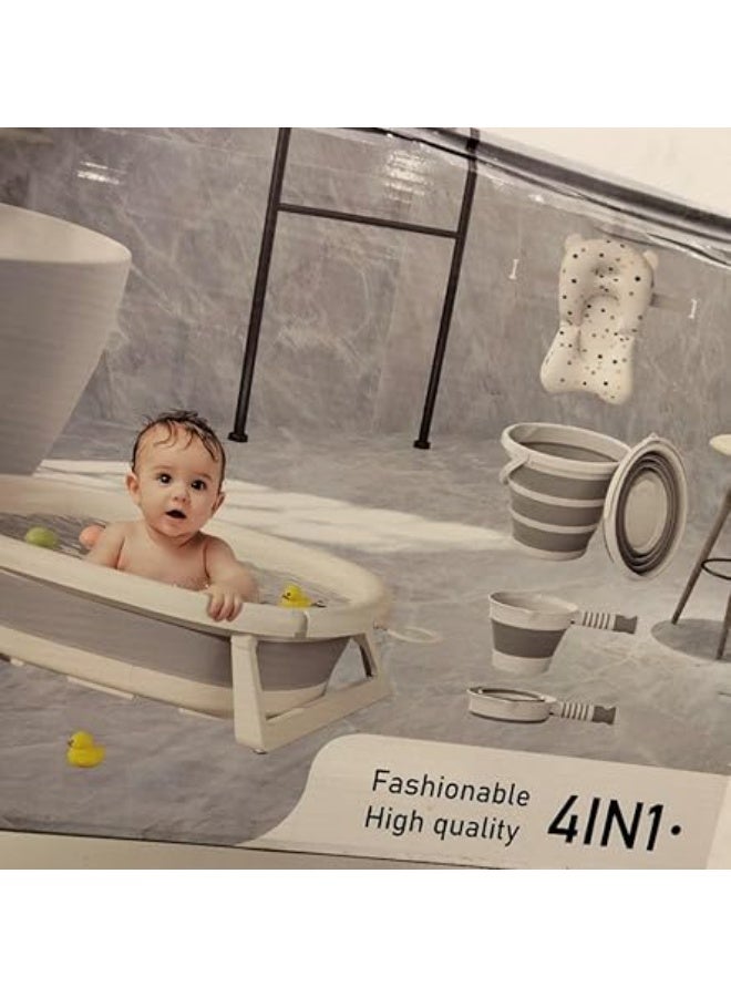 Generic Foldable Silicone Baby 4-in-1 Foldable Baby Bath Set with Temperature Display, Bathtub, Bath Pillow, Shower Cup and Bucket, White and Grey - Image 4