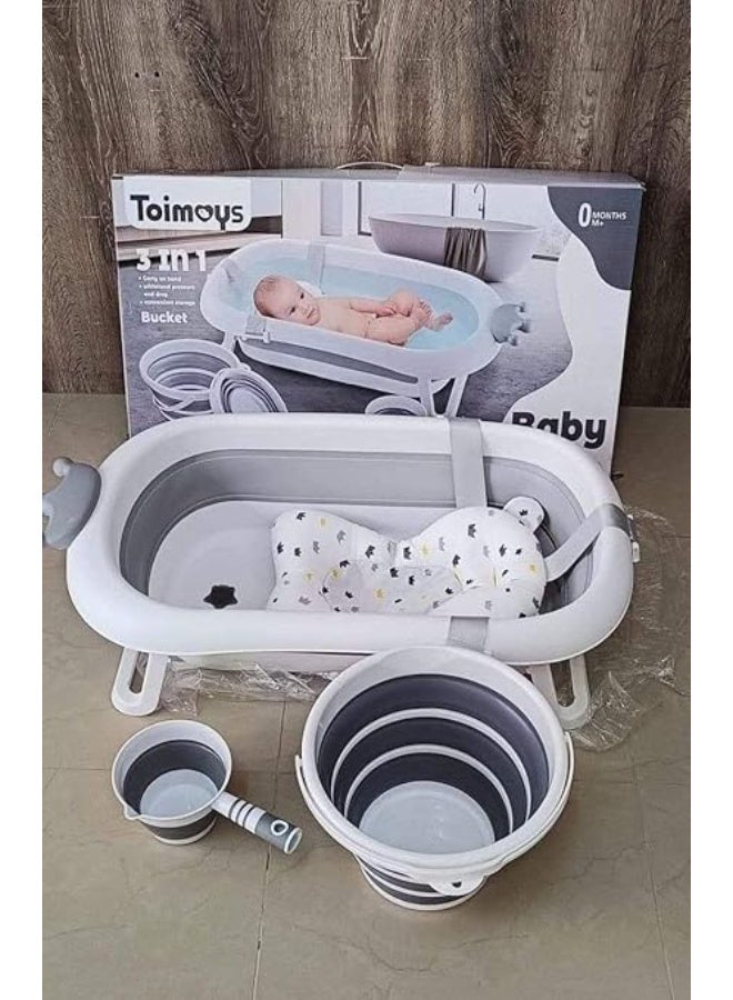 Generic Foldable Silicone Baby 4-in-1 Foldable Baby Bath Set with Temperature Display, Bathtub, Bath Pillow, Shower Cup and Bucket, White and Grey - Image 5
