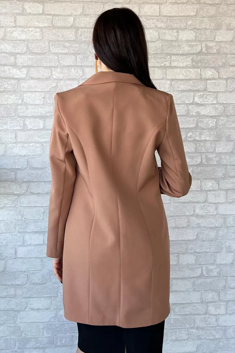 Gülseli Women's Long Blazer Jacket with Stone Detailed Sleeves and Fake Pockets