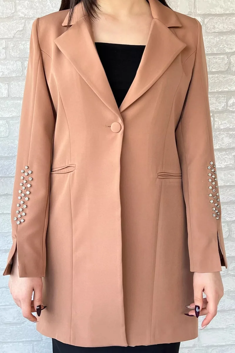 Gülseli Women's Long Blazer Jacket with Stone Detailed Sleeves and Fake Pockets