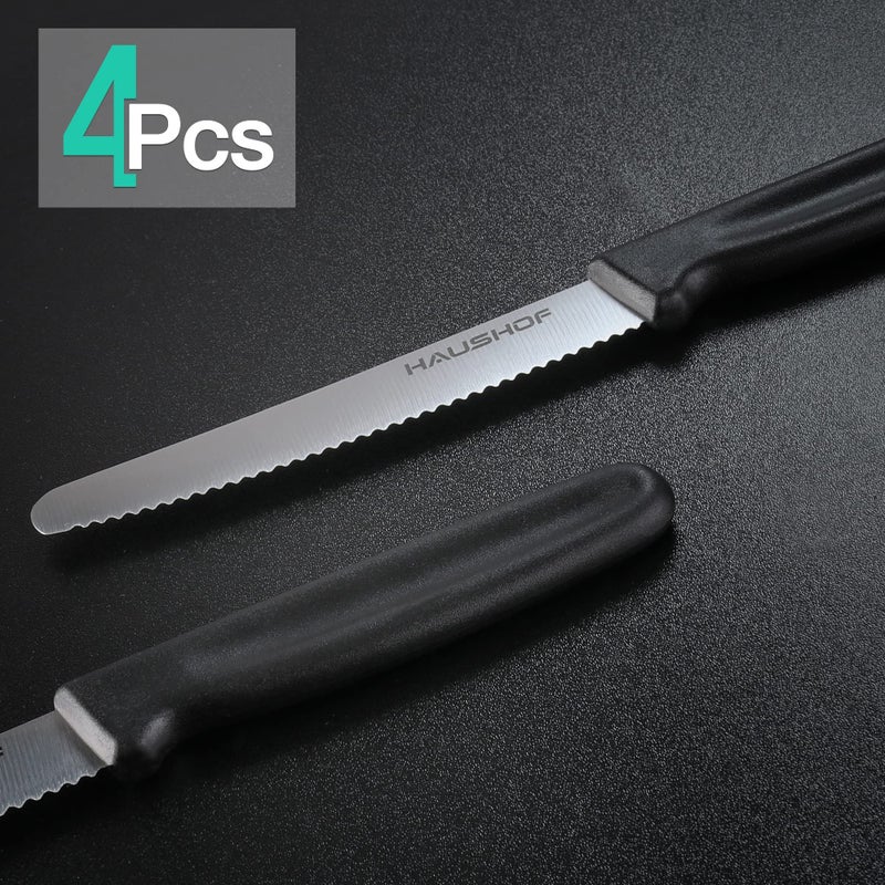 HAUSHOF Steak Knives Set of 4, Sharp Serrated Steak Knives, Premium Stainless Steel Steak Knife Set with Gift Box, Black Handle - Image 2
