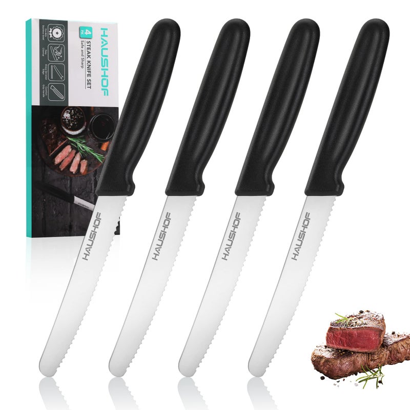 HAUSHOF Steak Knives Set of 4, Sharp Serrated Steak Knives, Premium Stainless Steel Steak Knife Set with Gift Box, Black Handle - Image 1