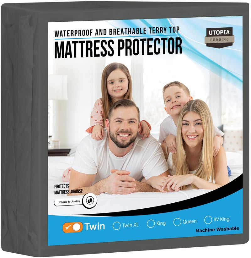 Utopia Bedding Waterproof Mattress Protector Twin Size, Premium Terry Mattress Cover 200 GSM, Breathable, Fitted Style with Stretchable Pockets (Gray) - Image 1
