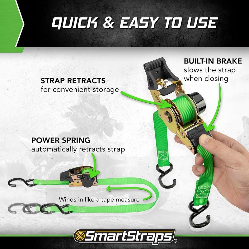 SmartStraps 6-Foot Retractable Ratchet Straps - 4 Pack with 1,500 lbs Break Strength for Secure Hauling of ATVs and Lawn Equipment - Image 5