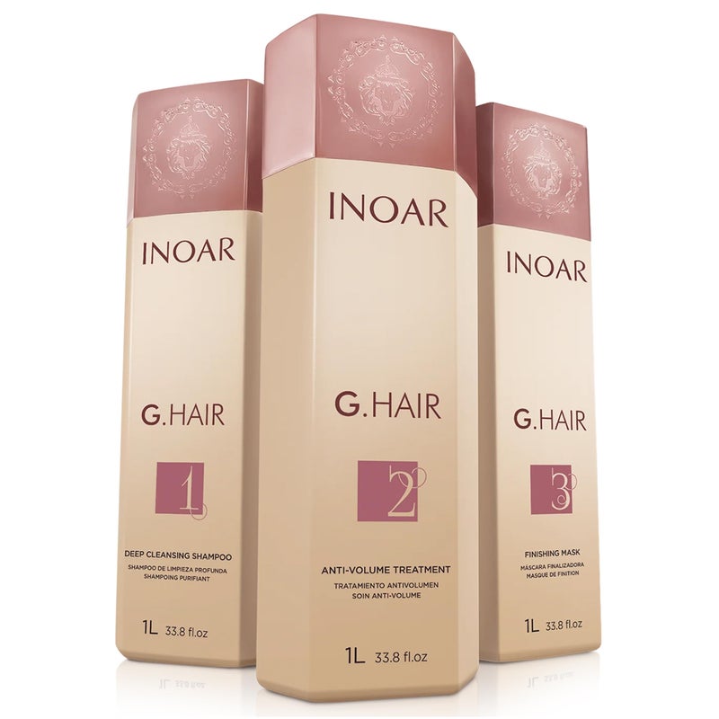Inoar GHair Keratin Smoothing System Set Deep Cleansing Shampoo Smoothing Treatment  Finishing Mask with Keratin Shea Butter  Coconut Oil 338 fl oz Each