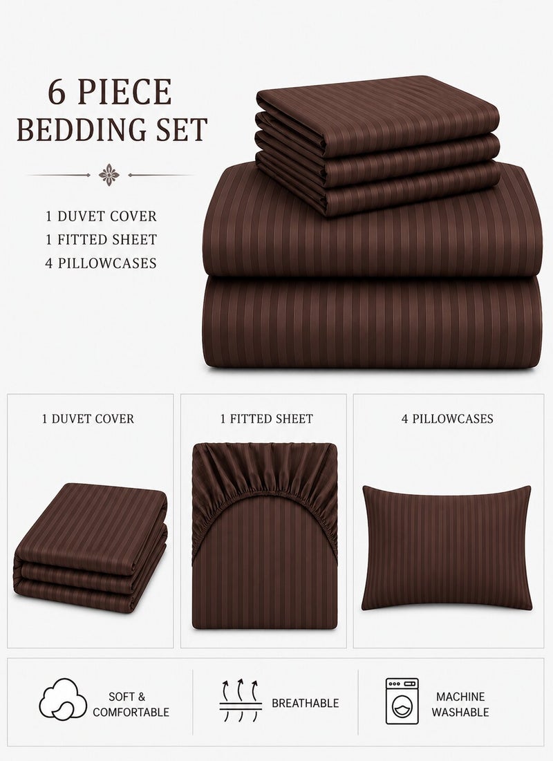 Aristocrat 6-Piece Stripe Microfiber Duvet Cover Set | Single | Includes 1 Duvet Cover (160x220cm), 1 Deep Pocket Fitted Sheet (120x200+30cm) & 4 Pillowcases (53x75+15cm) | Ultra Soft, Breathable & Wrinkle Resistant-chocolate brown - Image 2