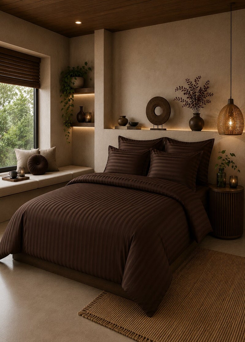 Aristocrat 6-Piece Stripe Microfiber Duvet Cover Set | Single | Includes 1 Duvet Cover (160x220cm), 1 Deep Pocket Fitted Sheet (120x200+30cm) & 4 Pillowcases (53x75+15cm) | Ultra Soft, Breathable & Wrinkle Resistant-chocolate brown - Image 1