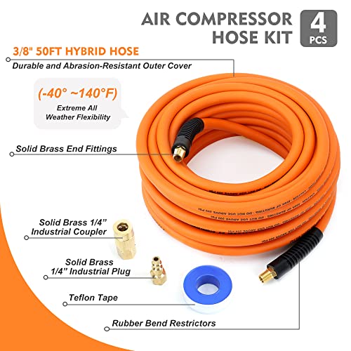 FYPower Air Compressor Hose 3/8 Inch x 50 Feet Hybrid Hose with Fittings, Flexible and Kink Resistant, 1/4" Industrial Quick Coupler and Plug Kit - Image 2
