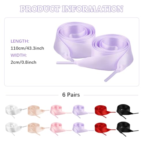 MAYCREATE® 6 Pairs Silk Ribbon Shoelaces, Flat Satin Ribbon Shoelaces Colorful Silk Shoe Strings Wide Shoe Lace for Women Men Sneaker Shoes Decoration, 19.69inches - Image 2