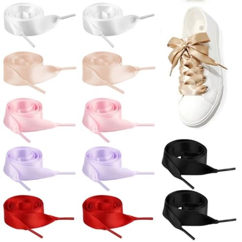 MAYCREATE® 6 Pairs Silk Ribbon Shoelaces, Flat Satin Ribbon Shoelaces Colorful Silk Shoe Strings Wide Shoe Lace for Women Men Sneaker Shoes Decoration, 19.69inches - Image 1