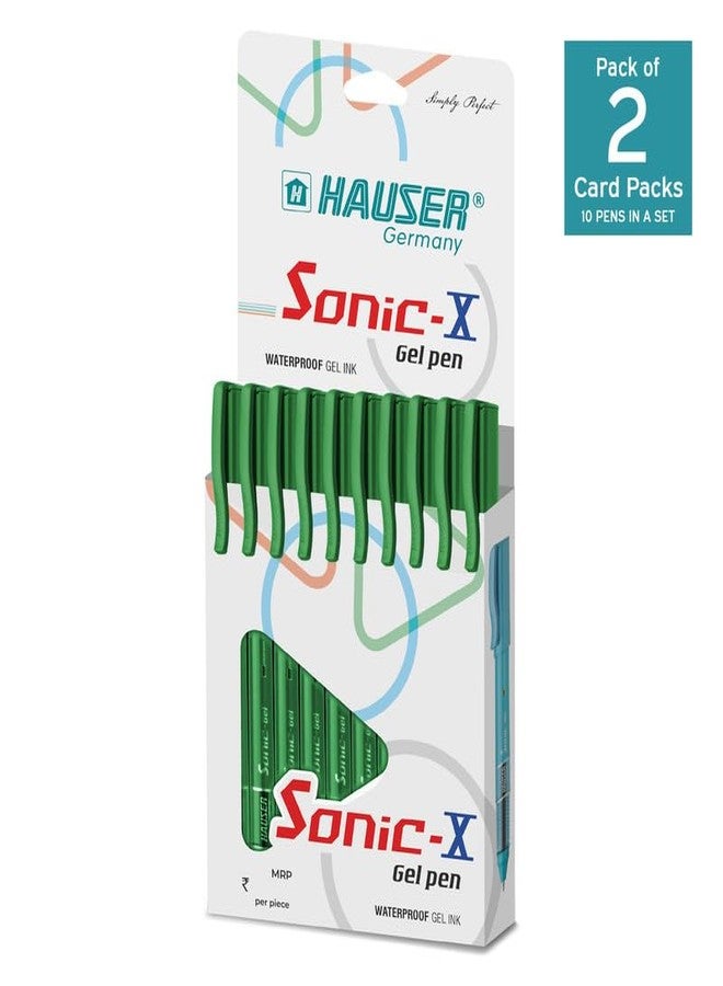 Hauser Sonic X Gel Pen Card Pack | Water Proof Ink For Smooth Flow System | Comfortable Grip With Smudge Free Writing | Sturdy Refillable Pen | Green Ink, Set Of 10 Pens x 2 Packs - Image 3