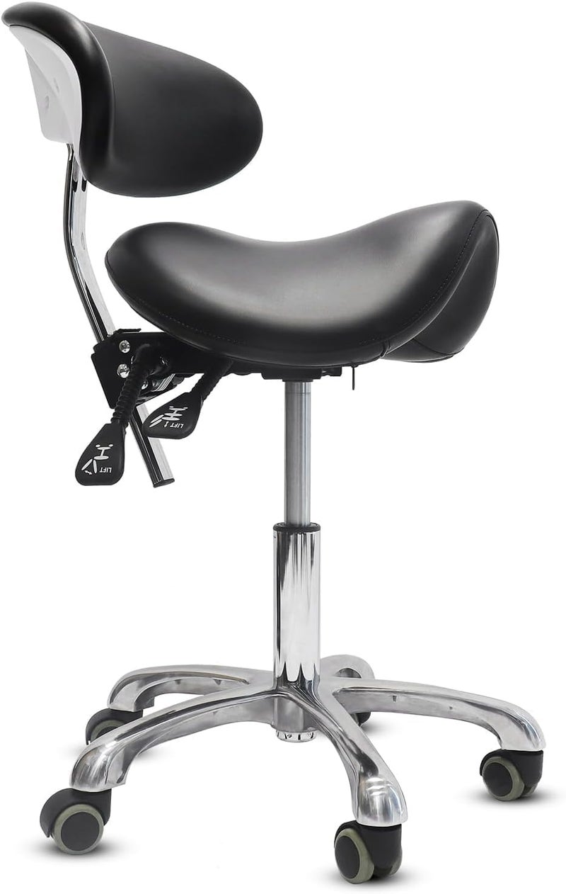 كرسي saddle قابل للتعديل بتصميم مريح مع دعم للظهر وقاعدة دوارة متحركة باللون الأسود