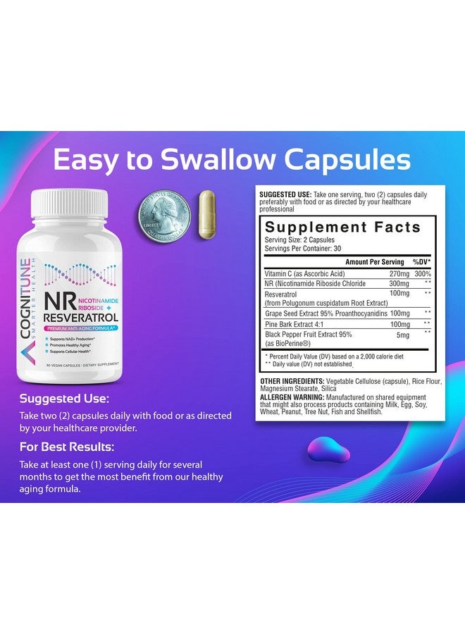 CogniTune مكمل غذائي Nr + Resveratrol يزيد من صحة الخلايا والحمض النووي ويطيل العمر ويزيد من حيوية الجسم. تركيبة مضادة للشيخوخة 5 في 1 مع نيكوتيناميد ريبوسيد ترانس ريسفيراترول وفيتامين سي وبذور العنب ولحاء الصنوبر - Image 5