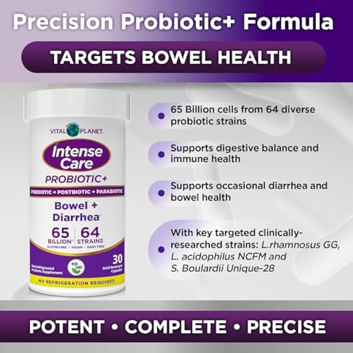 Vital Planet - Intense Care Bowel and Diarrhea Probiotic Supplement with Organic Prebiotics, Postbiotics, and Parabiotics, Lactobacillus Rhamnosus and Saccharomyces, 65 Billion CFU, 64 Strains, 30 Ct - Image 3