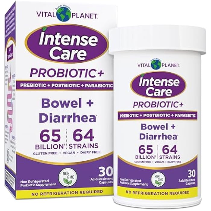 Vital Planet - Intense Care Bowel and Diarrhea Probiotic Supplement with Organic Prebiotics, Postbiotics, and Parabiotics, Lactobacillus Rhamnosus and Saccharomyces, 65 Billion CFU, 64 Strains, 30 Ct - Image 1