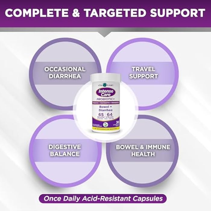 Vital Planet - Intense Care Bowel and Diarrhea Probiotic Supplement with Organic Prebiotics, Postbiotics, and Parabiotics, Lactobacillus Rhamnosus and Saccharomyces, 65 Billion CFU, 64 Strains, 30 Ct - Image 5