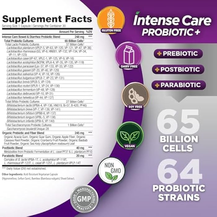 Vital Planet - Intense Care Bowel and Diarrhea Probiotic Supplement with Organic Prebiotics, Postbiotics, and Parabiotics, Lactobacillus Rhamnosus and Saccharomyces, 65 Billion CFU, 64 Strains, 30 Ct - Image 2