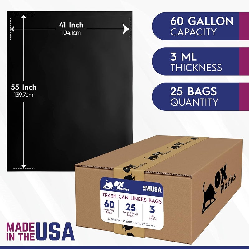 Ox Plastics 60 Gallon Trash Can Liners Bags - (25 Count) & 3mil Thick Extra Heavy Duty Strength - Large Garbage, Leak-Proof & Durable Bags - Image 3