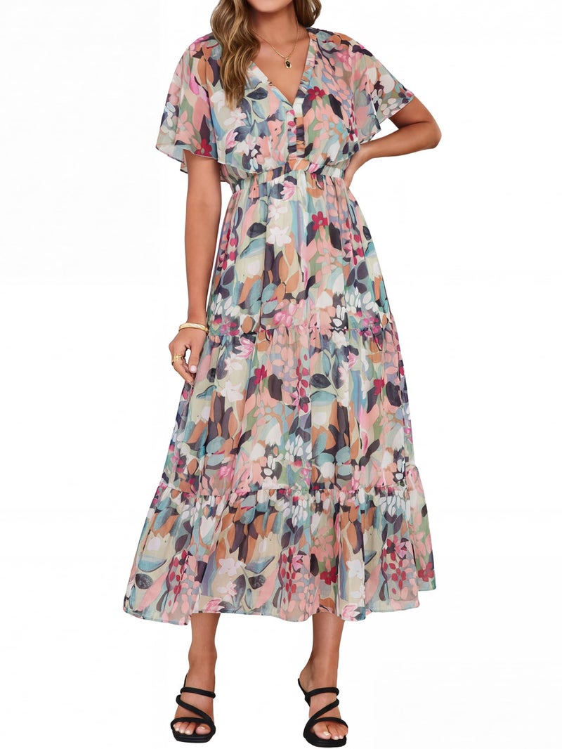 Simplee Womens Floral Boho Maxi Dress Summer Wedding Guest V Neck Ruffle Short Sleeve Beach Vacation Dresses Green Pink XL - Image 1