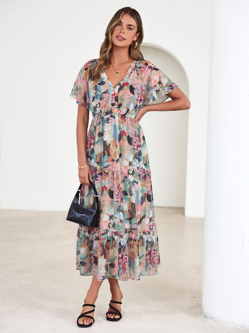Simplee Womens Floral Boho Maxi Dress Summer Wedding Guest V Neck Ruffle Short Sleeve Beach Vacation Dresses Green Pink XL - Image 5