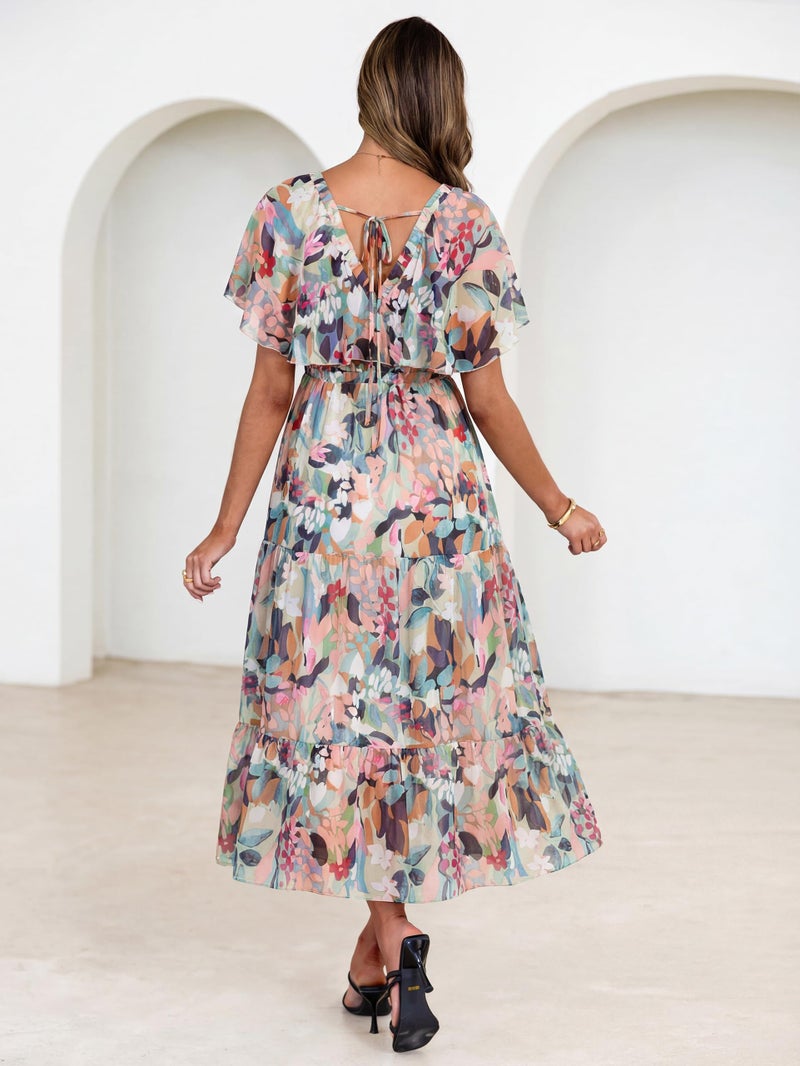 Simplee Womens Floral Boho Maxi Dress Summer Wedding Guest V Neck Ruffle Short Sleeve Beach Vacation Dresses Green Pink XL - Image 4