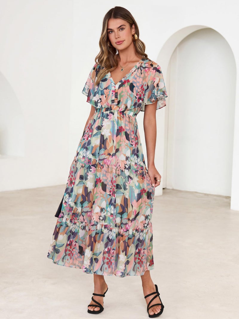Simplee Womens Floral Boho Maxi Dress Summer Wedding Guest V Neck Ruffle Short Sleeve Beach Vacation Dresses Green Pink XL - Image 2