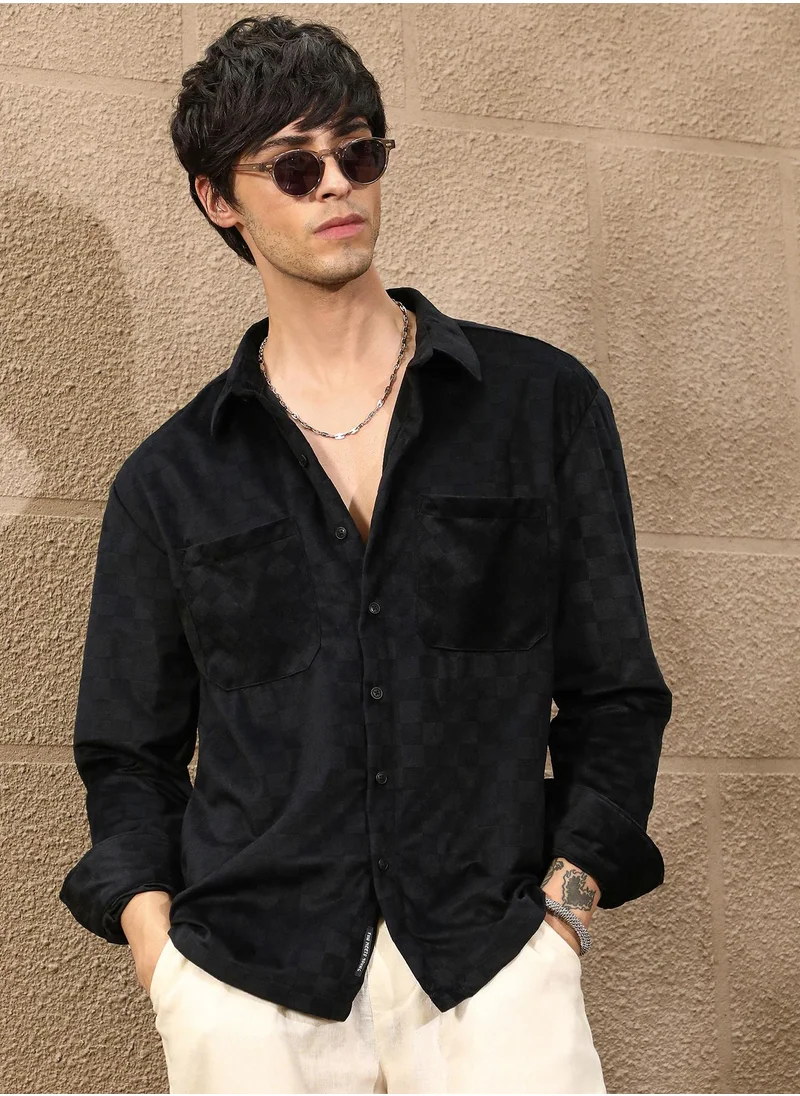 Campus Sutra Campus Sutra Men's Midnight Black Cubic Velvet Utility Shacket For Casual Wear | Spread Collar | Long Sleeve | Button Closure | Overshirt/Shacket Crafted With Comfort Fit For Everyday Wear