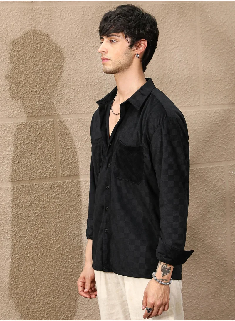 Campus Sutra Campus Sutra Men's Midnight Black Cubic Velvet Utility Shacket For Casual Wear | Spread Collar | Long Sleeve | Button Closure | Overshirt/Shacket Crafted With Comfort Fit For Everyday Wear