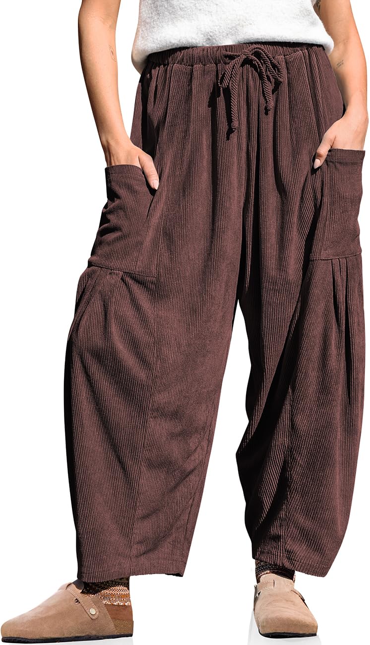 TARSE Corduroy Pants for Women Wide Leg Drawstring Baggy Barrel Travel Vacation Palazzo Harem Pants with Pockets, DarkCoffee, XXL - Image 1