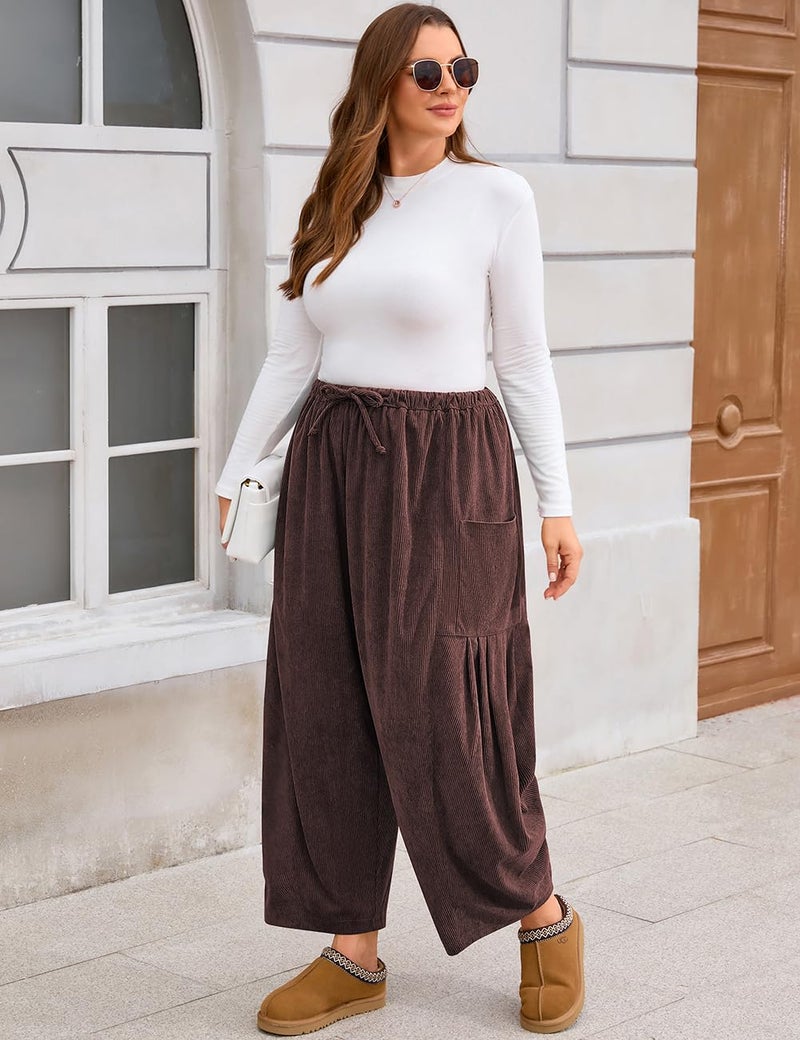 TARSE Corduroy Pants for Women Wide Leg Drawstring Baggy Barrel Travel Vacation Palazzo Harem Pants with Pockets, DarkCoffee, XXL - Image 3