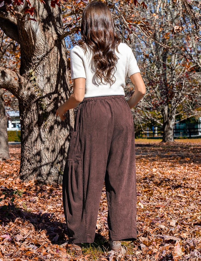 TARSE Corduroy Pants for Women Wide Leg Drawstring Baggy Barrel Travel Vacation Palazzo Harem Pants with Pockets, DarkCoffee, XXL - Image 5