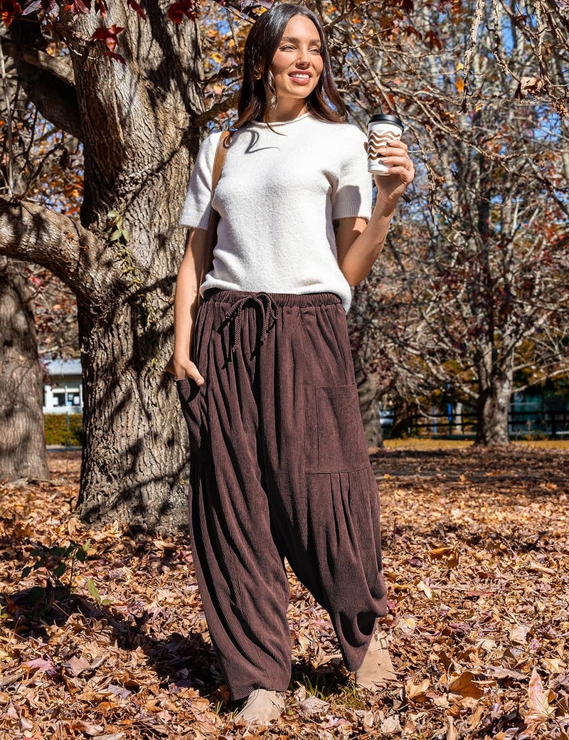 TARSE Corduroy Pants for Women Wide Leg Drawstring Baggy Barrel Travel Vacation Palazzo Harem Pants with Pockets, DarkCoffee, XXL - Image 2