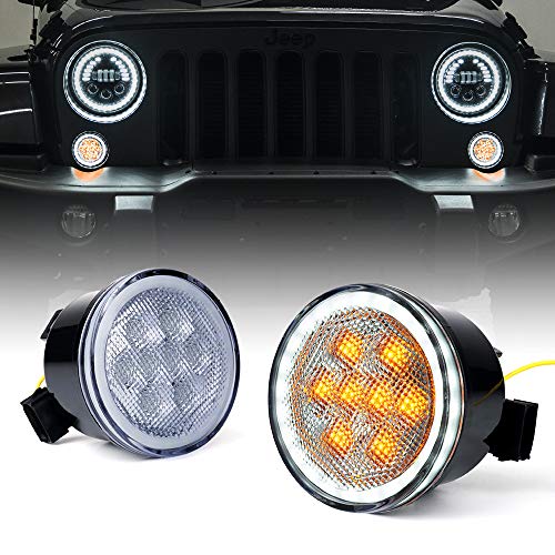 Xprite LED Turn Signal Lights with White Halo, Plug & Play Front Grille Parking Lights Compatible with 2007-2018 Jeep Wrangler JK JKU,Clear Lens - Image 1