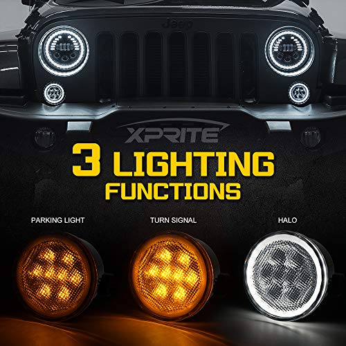 Xprite LED Turn Signal Lights with White Halo, Plug & Play Front Grille Parking Lights Compatible with 2007-2018 Jeep Wrangler JK JKU,Clear Lens - Image 4