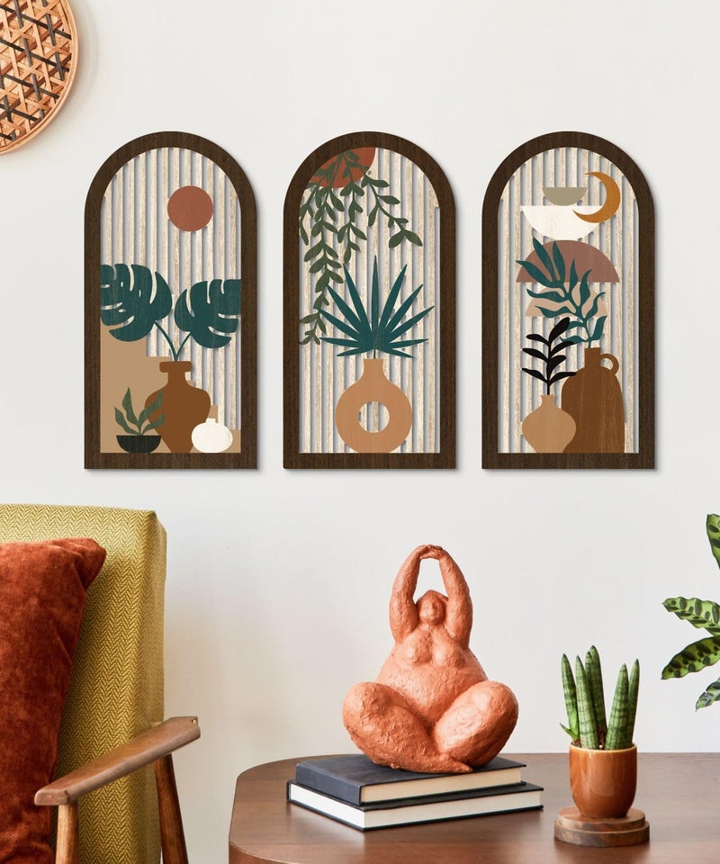 Putuo Decor Boho Wall Art, Abstract Botanical Room Decorations with Leaf & Sun Lines, Modern Minimalist Wooden Wall Decor 16x8 In Mid Century Artwork for Living Room Bedroom Office Set of 3 - Image 4
