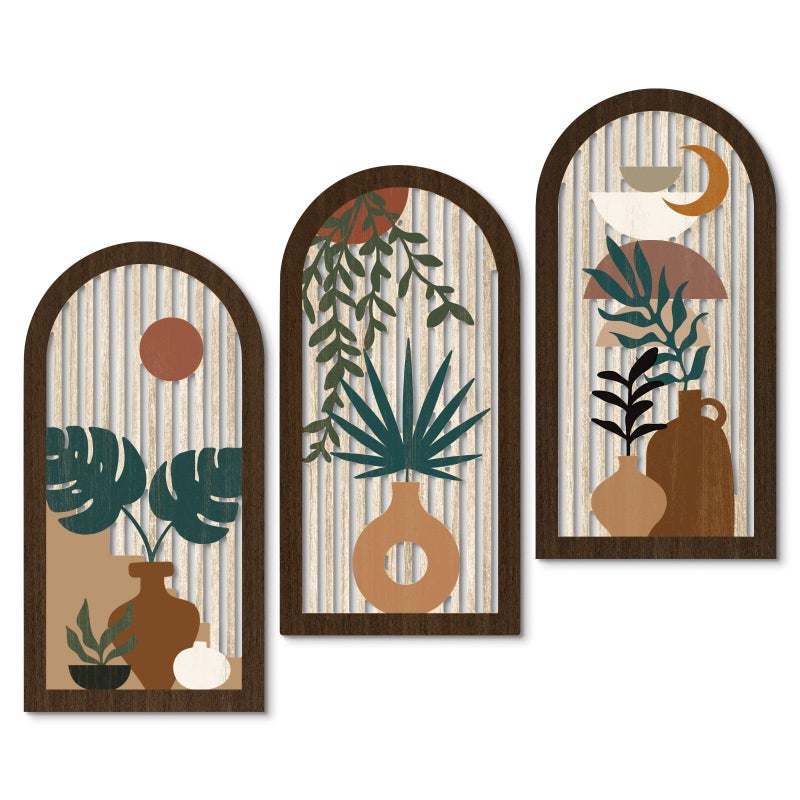 Putuo Decor Boho Wall Art, Abstract Botanical Room Decorations with Leaf & Sun Lines, Modern Minimalist Wooden Wall Decor 16x8 In Mid Century Artwork for Living Room Bedroom Office Set of 3 - Image 1