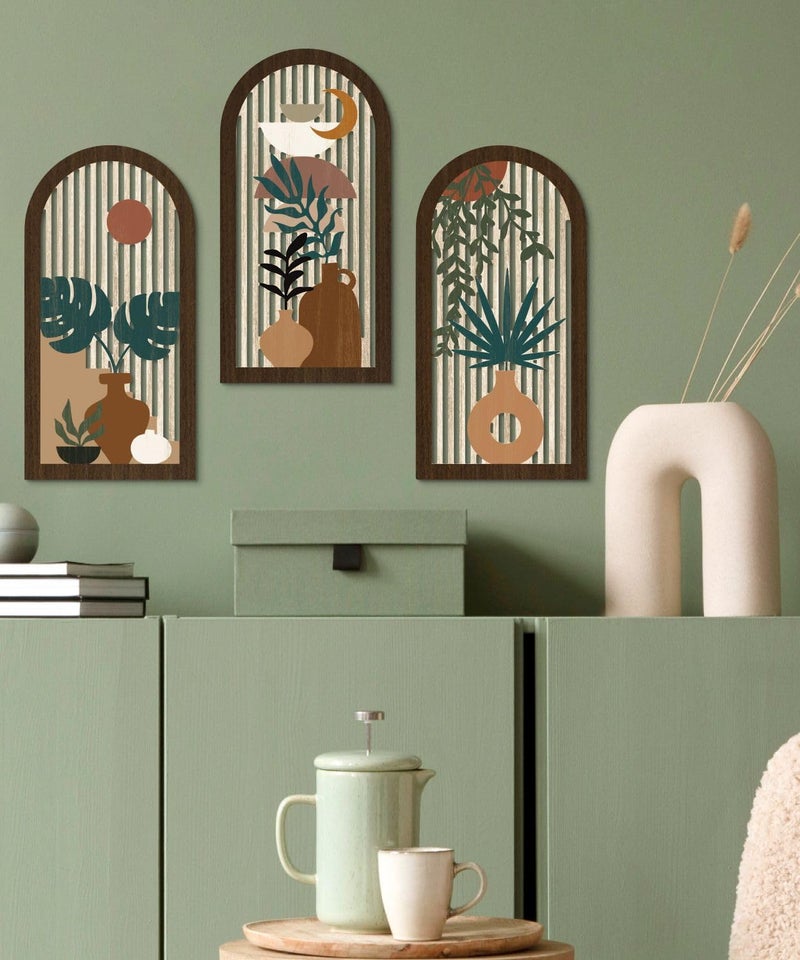 Putuo Decor Boho Wall Art, Abstract Botanical Room Decorations with Leaf & Sun Lines, Modern Minimalist Wooden Wall Decor 16x8 In Mid Century Artwork for Living Room Bedroom Office Set of 3 - Image 2