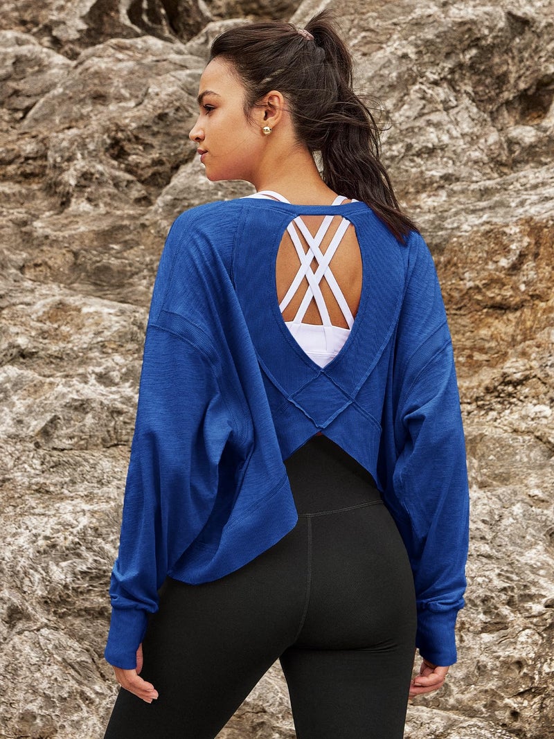 Panadila Womens Open Back Workout Top Long Sleeve Athletic Shirts Casual Crop Running Tee Y2k Yoga(Royal Blue,XL) - Image 3