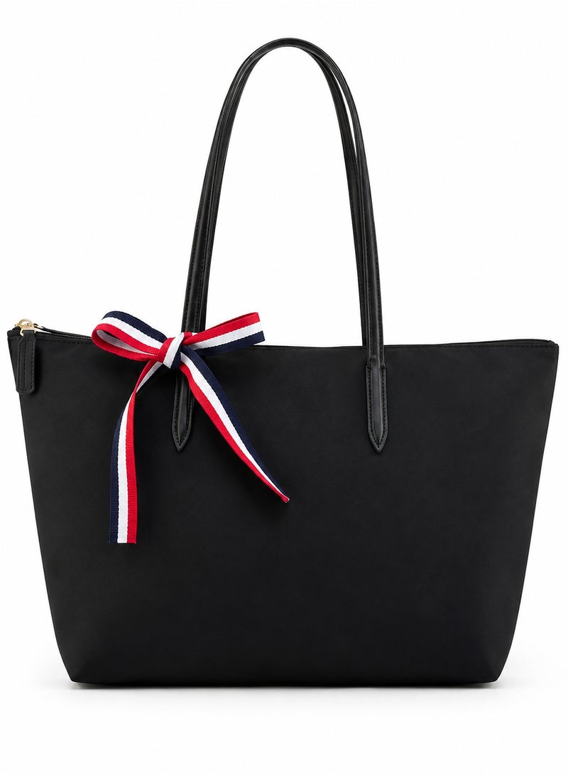 Women's Large Tote Bag with Zip Closure, Textured Shoulder Shopper Handbag, Black - Image 1